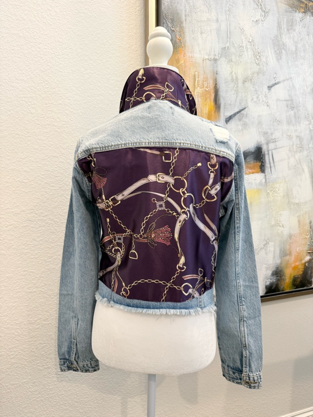 Light Wash Denim Jacket with Purple Chain-Print Back Panel, Medium NWT - Picture 6 of 6